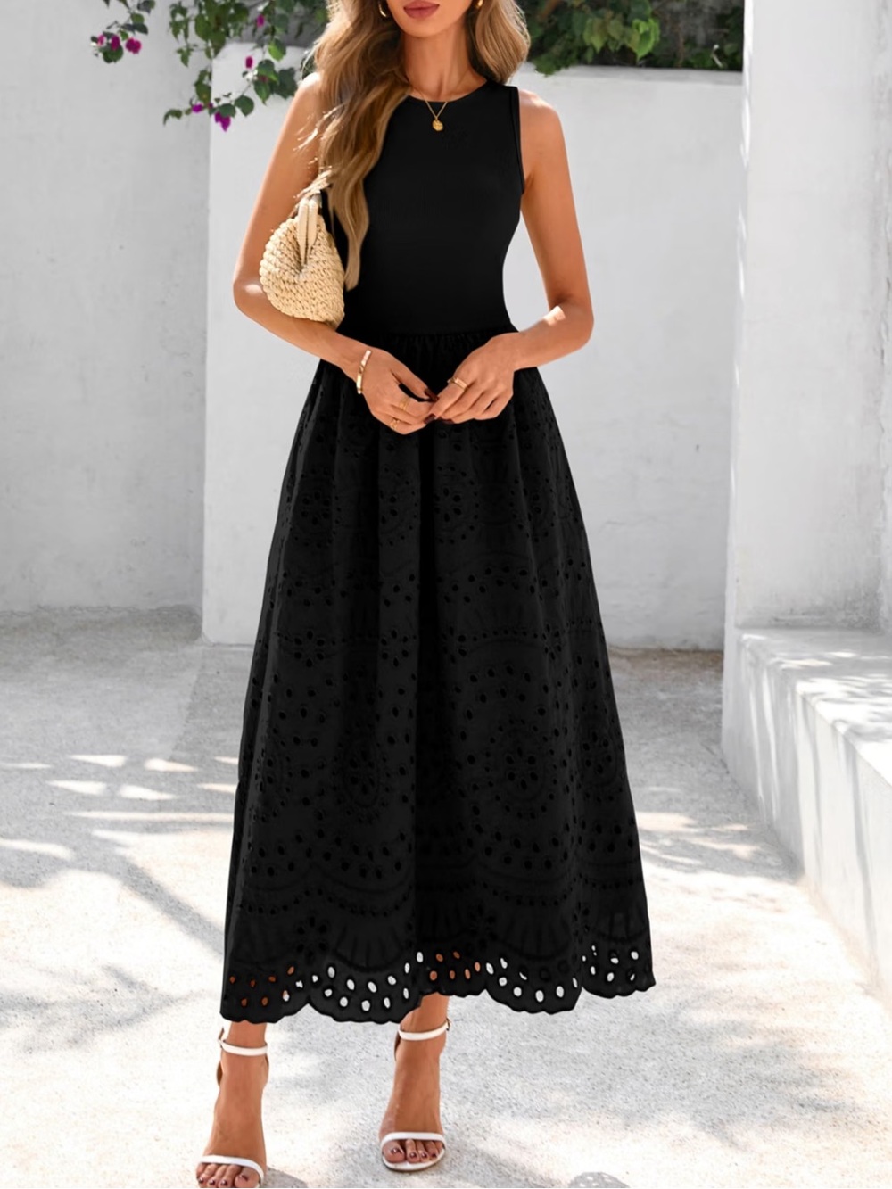Black Sleeveless Midi Dress with Eyelet Skirt